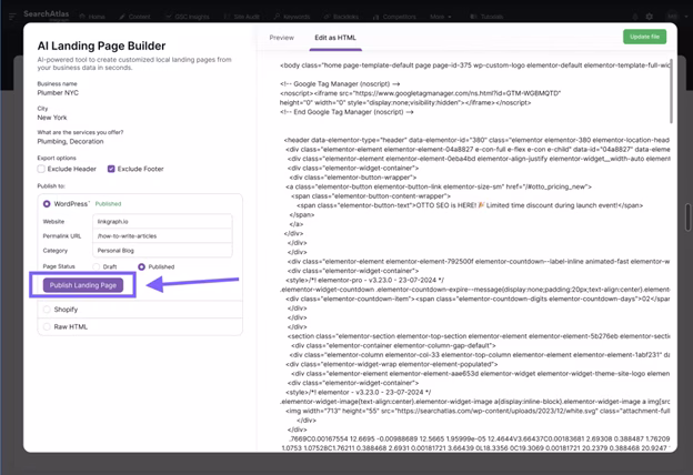 Screenshot of an AI Landing Page Builder interface, featuring an editing pane on the right, and options to publish to WordPress or Shopify on the left. A "Publish Landing Page" button is highlighted, showcasing Otto SEO integration for optimized publishing.