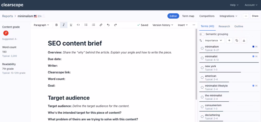 clearscope ai brief and outline generation