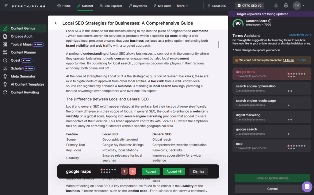 Content Genius Terms Assistant boosts SEO with real-time scores and keyword insights. Content Genius Terms Assistant in Search Atlas with content score and keyword suggestions