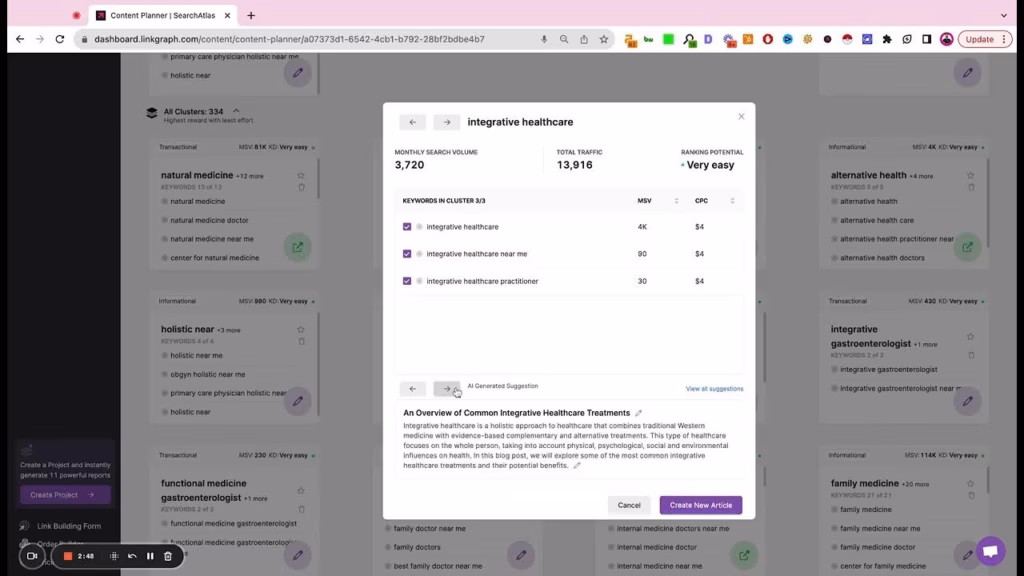 A computer screen displays a content planner dashboard with a keyword analysis pop-up for "integrative healthcare," showing monthly search volume, keyword scores, and related keywords.