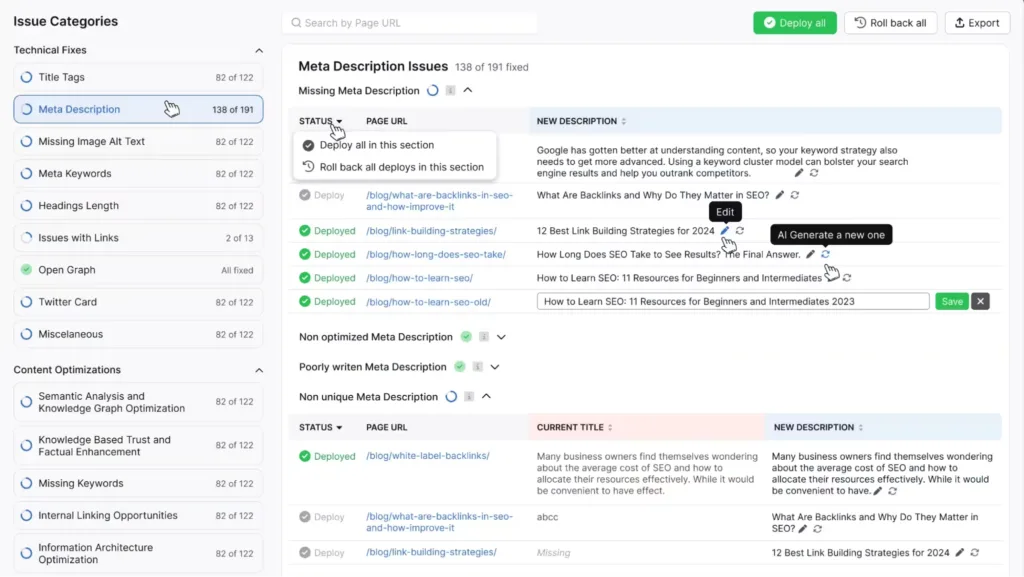 Dashboard displaying a list of meta description issues for various URLs, including statuses and new descriptions, with options for deploying changes to enhance site optimization.