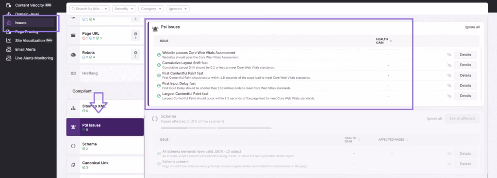 Search Atlas Site Audit Tool PSI Issues (PageSpeed Insights issues)