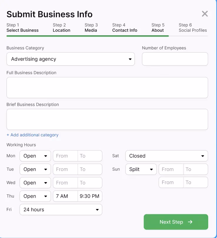 Form titled "Submit Business Info" to help streamline your Local Citation Builder, with sections for business category, number of employees, full and brief business descriptions, and working hours for each day of the week. "Next Step" button at the bottom.