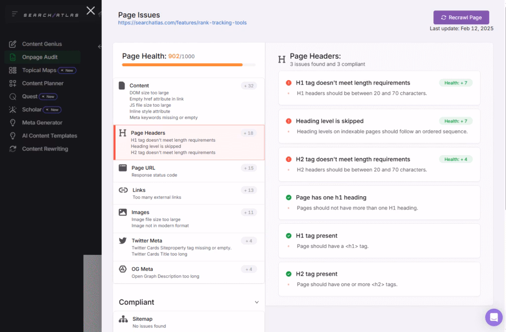 Use On-page Audit Tool to find and fix Heading problems