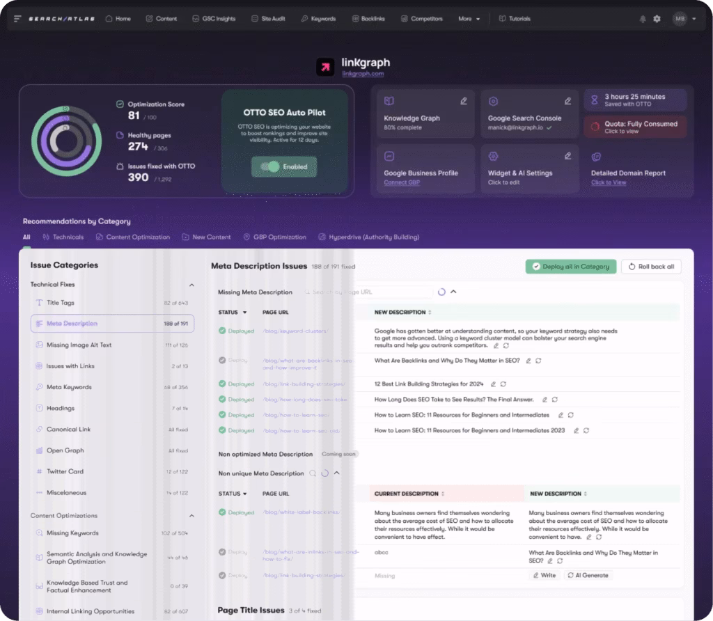 Meet OTTO: Your new favorite SEO tool that audits your site, finds issues, and applies SEO fixes based on Google Search Console and best practices. OTTO by Search Atlas Dashboard and SEO Automation Features