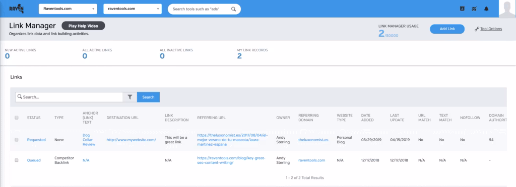 Raven Tools Backlink Analysis