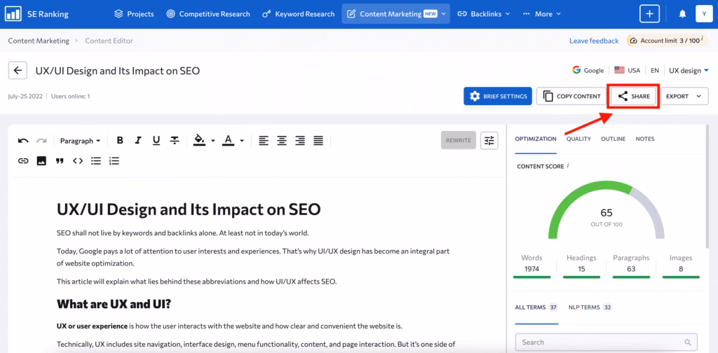 SE Ranking Content Editor and Grader