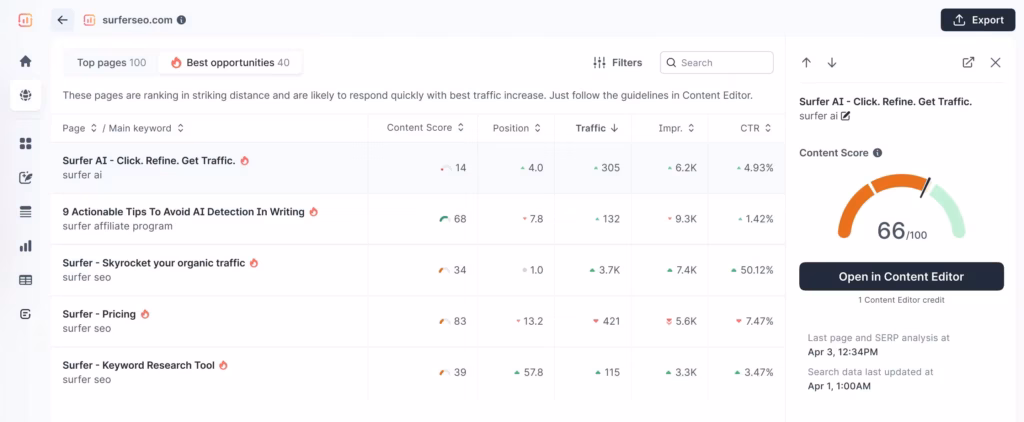 Surfer SEO main dashboard